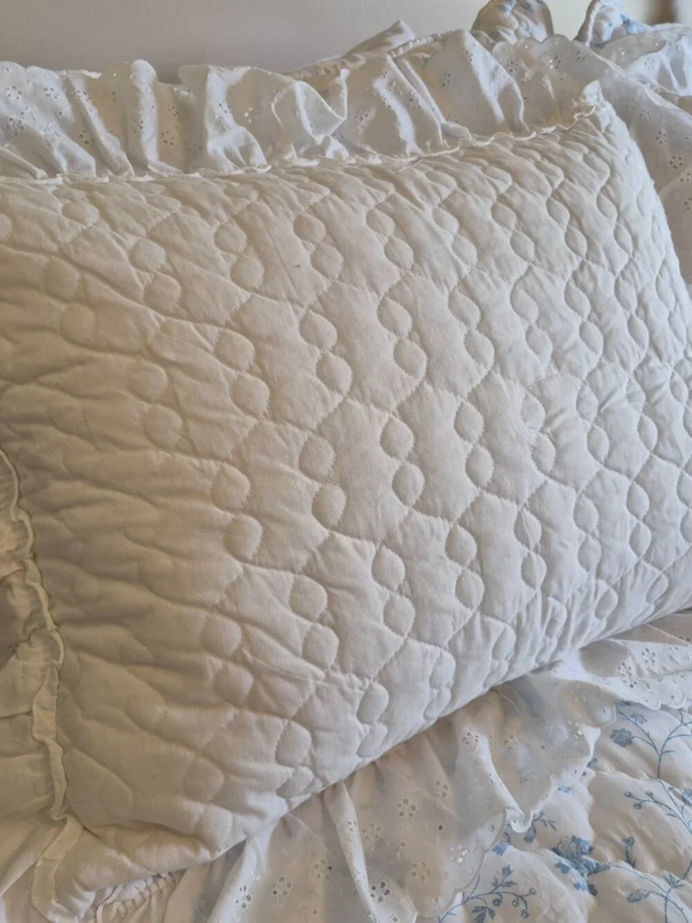 Pair White Cotton Eyelet Quilted Ruffled Pillow Shams Vintage Queen Cottagecore